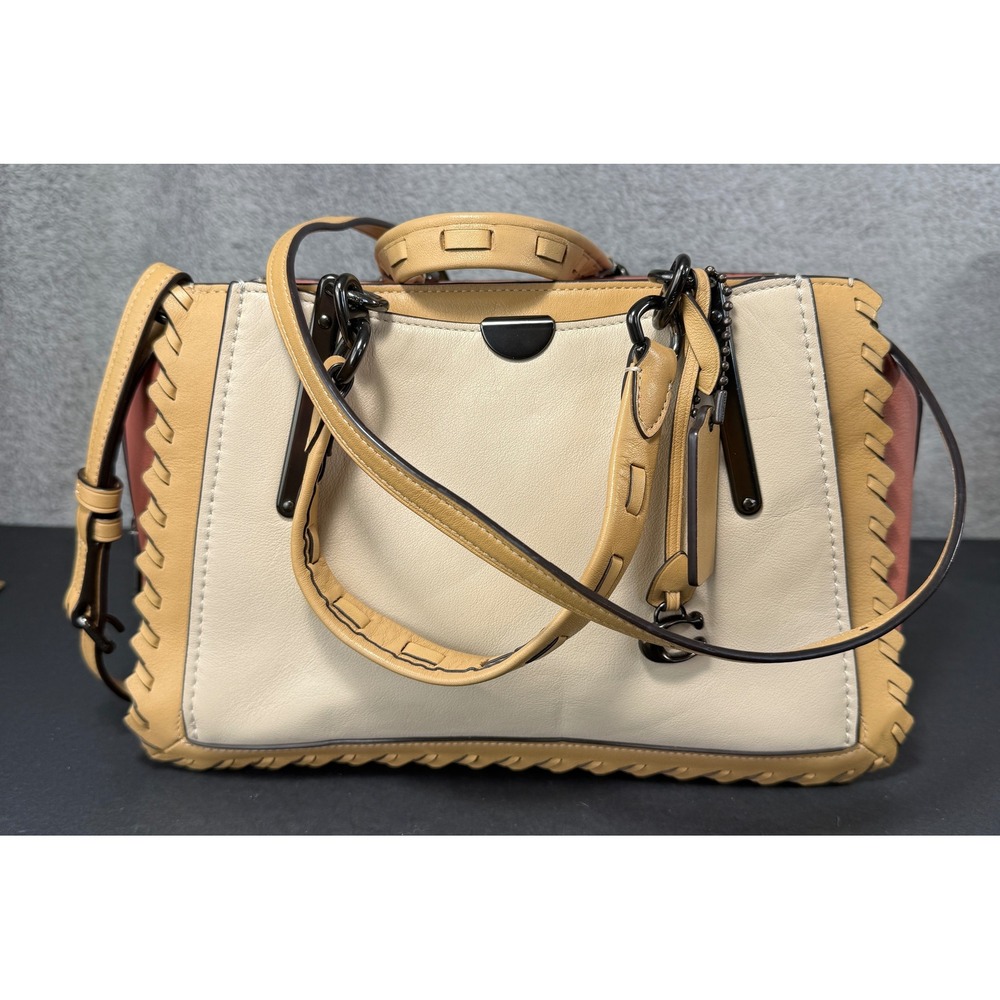 Coach Dreamer 21 Satchel Women Small Cream Tan Pink‎ Whipstitch Leather Handbag